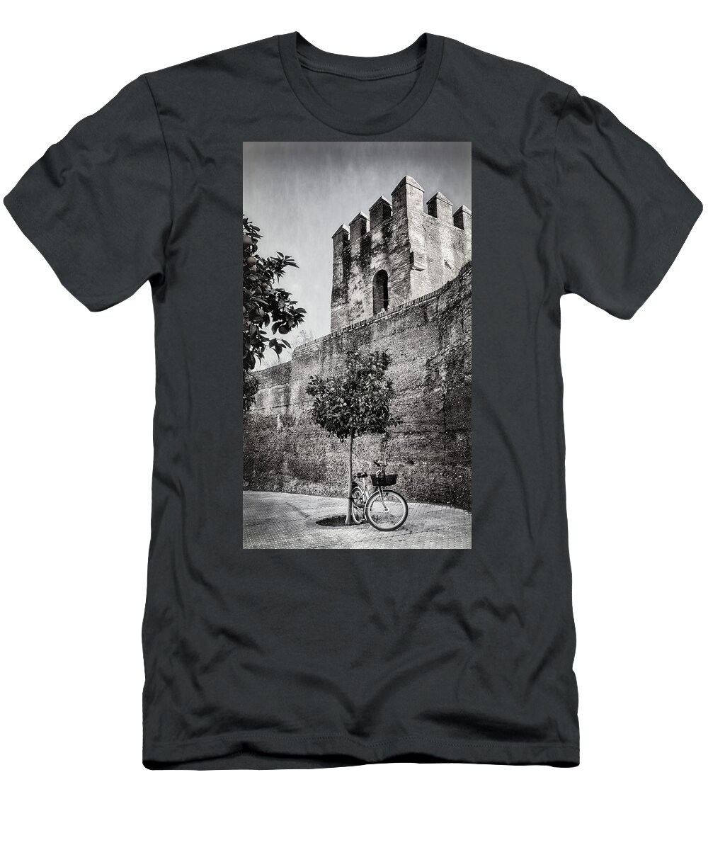 Joan Carroll T-Shirt featuring the photograph Old Walls Orange Trees and a Bike BW by Joan Carroll