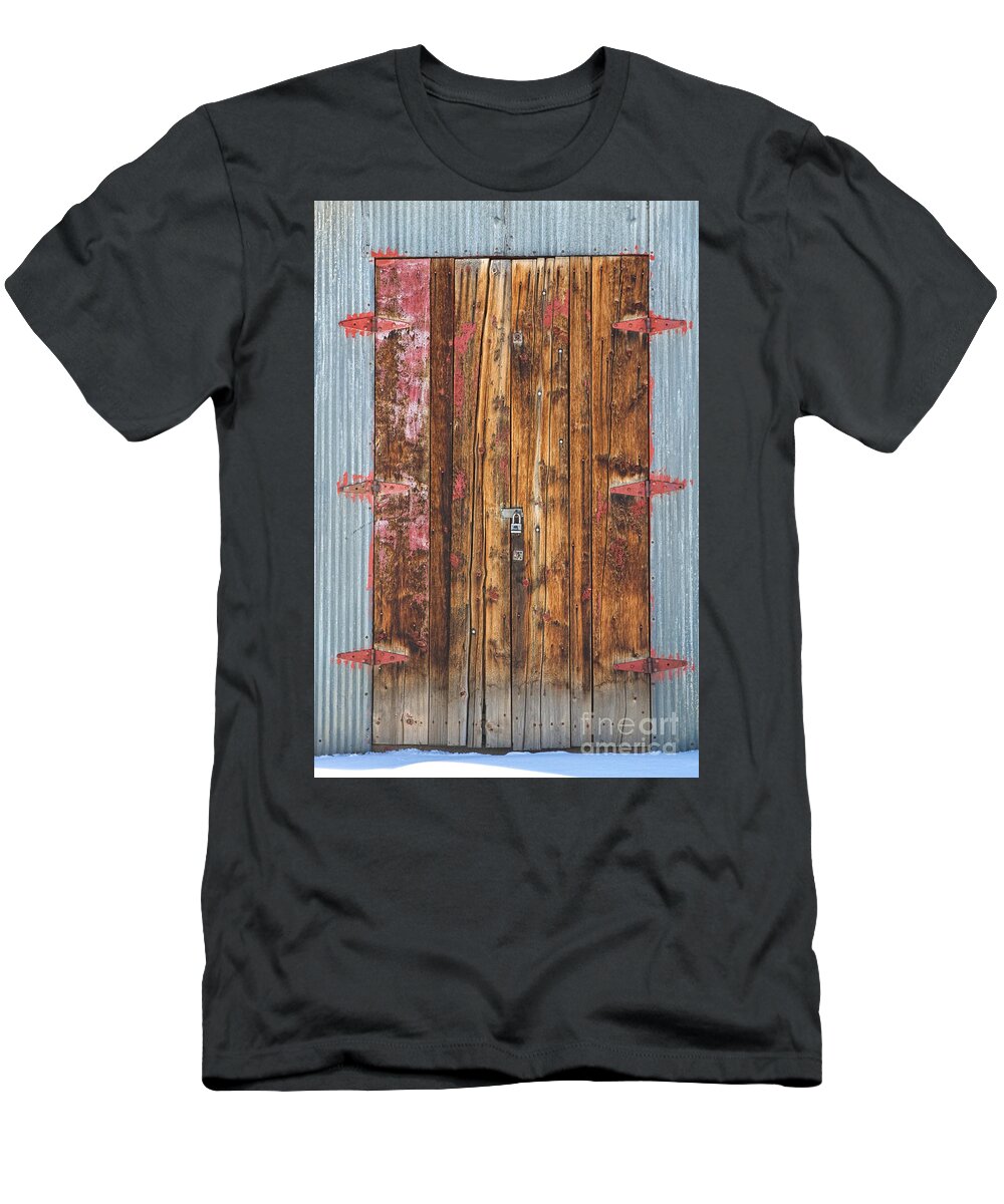 Door T-Shirt featuring the photograph Old Wood Door With Six Red Hinges by James BO Insogna