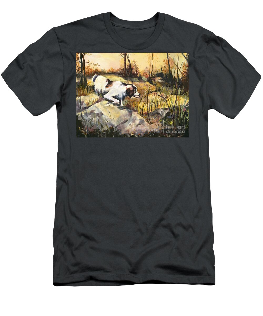 Dog T-Shirt featuring the painting On Point - Late Afternoon Hunting by Elisabeta Hermann