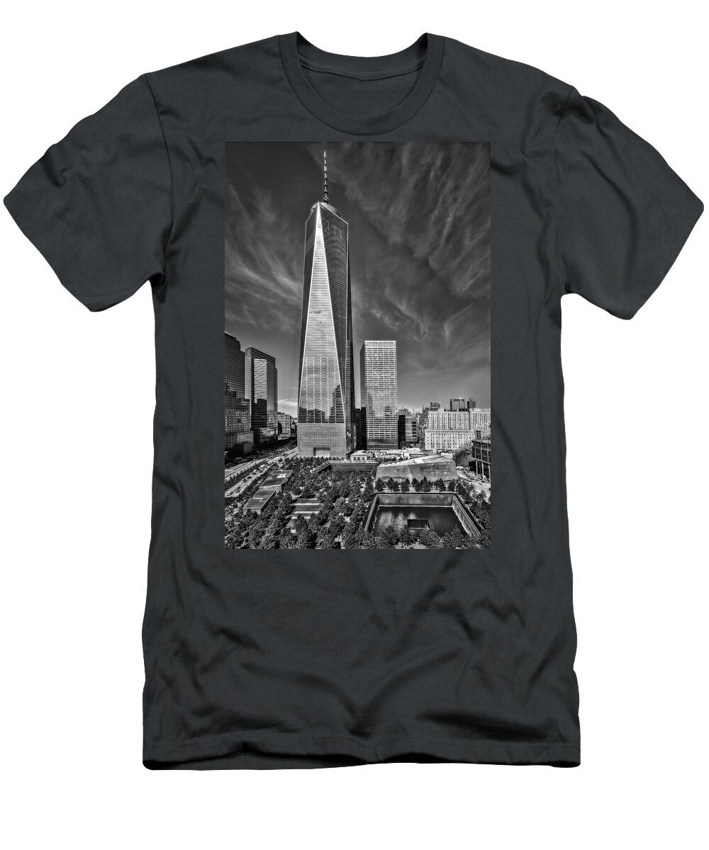 World Trade Center T-Shirt featuring the photograph One World Trade Center Reflecting Pools BW by Susan Candelario