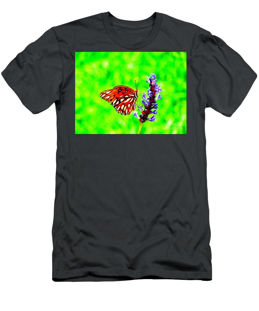 Butterfly T-Shirt featuring the photograph Orange Butterly Against A Funky Green Background by Renee Trenholm