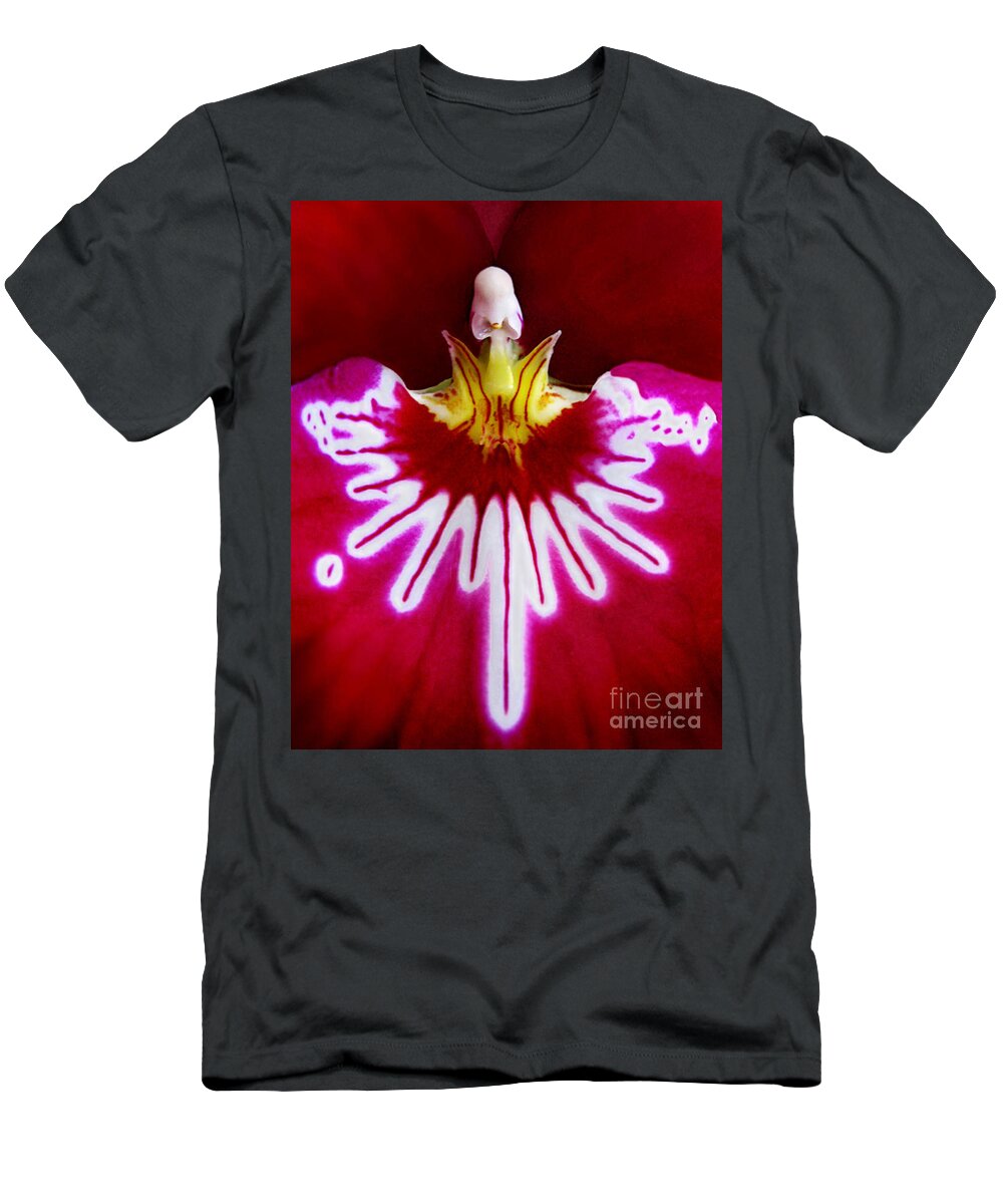 Macro T-Shirt featuring the photograph Orchid Harlequinn-Pansy Orchid by Jennie Breeze
