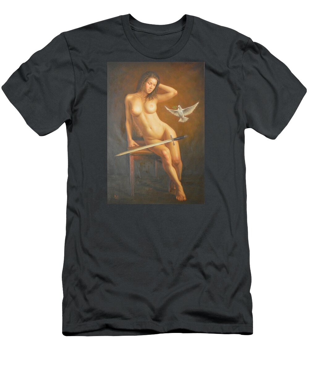 Original T-Shirt featuring the painting Original Classic Oil Painting Female Body Art -nude Girl And Sword by Hongtao Huang