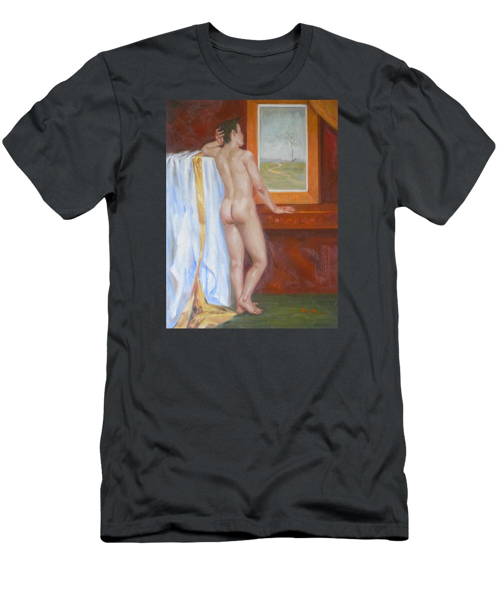 Original Gay Art T-Shirt featuring the painting Original Oil Painting Male Nude Man Body Art Young Boy On Canvas#16-2-6-09 by Hongtao Huang