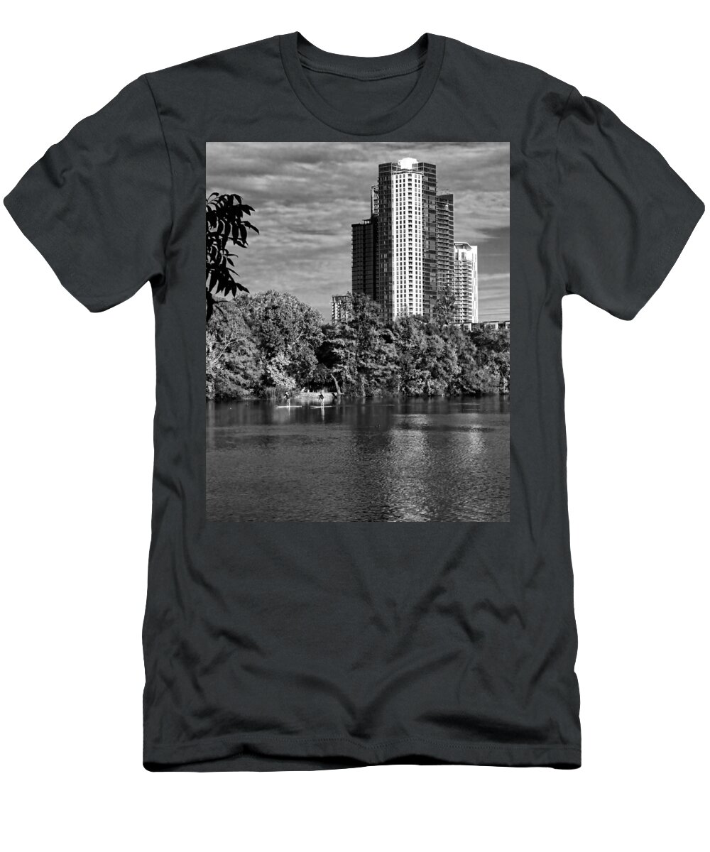 Austin T-Shirt featuring the photograph Paddling Boarding in Austin BW by Judy Vincent