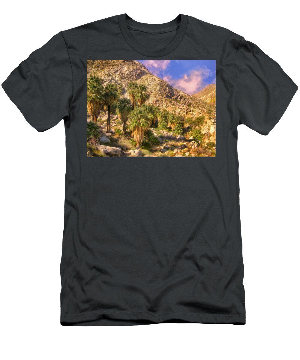 Palm Oasis T-Shirt featuring the painting Palm Oasis in Late Afternoon by Dominic Piperata