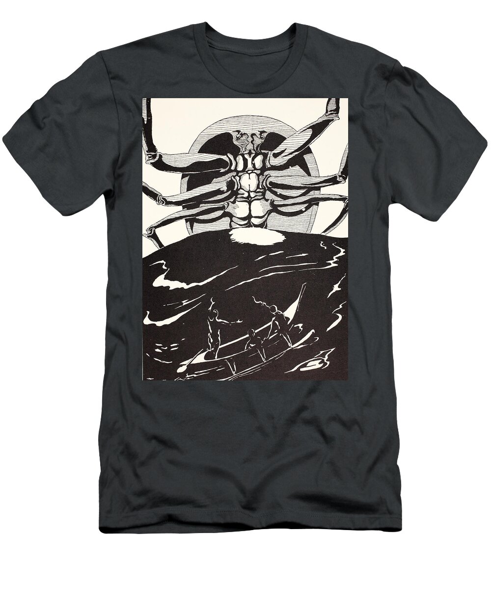 Magic T-Shirt featuring the drawing Pau Amma the Crab rising out of the sea as tall as the smoke of three volcanoes by Joseph Rudyard Kipling
