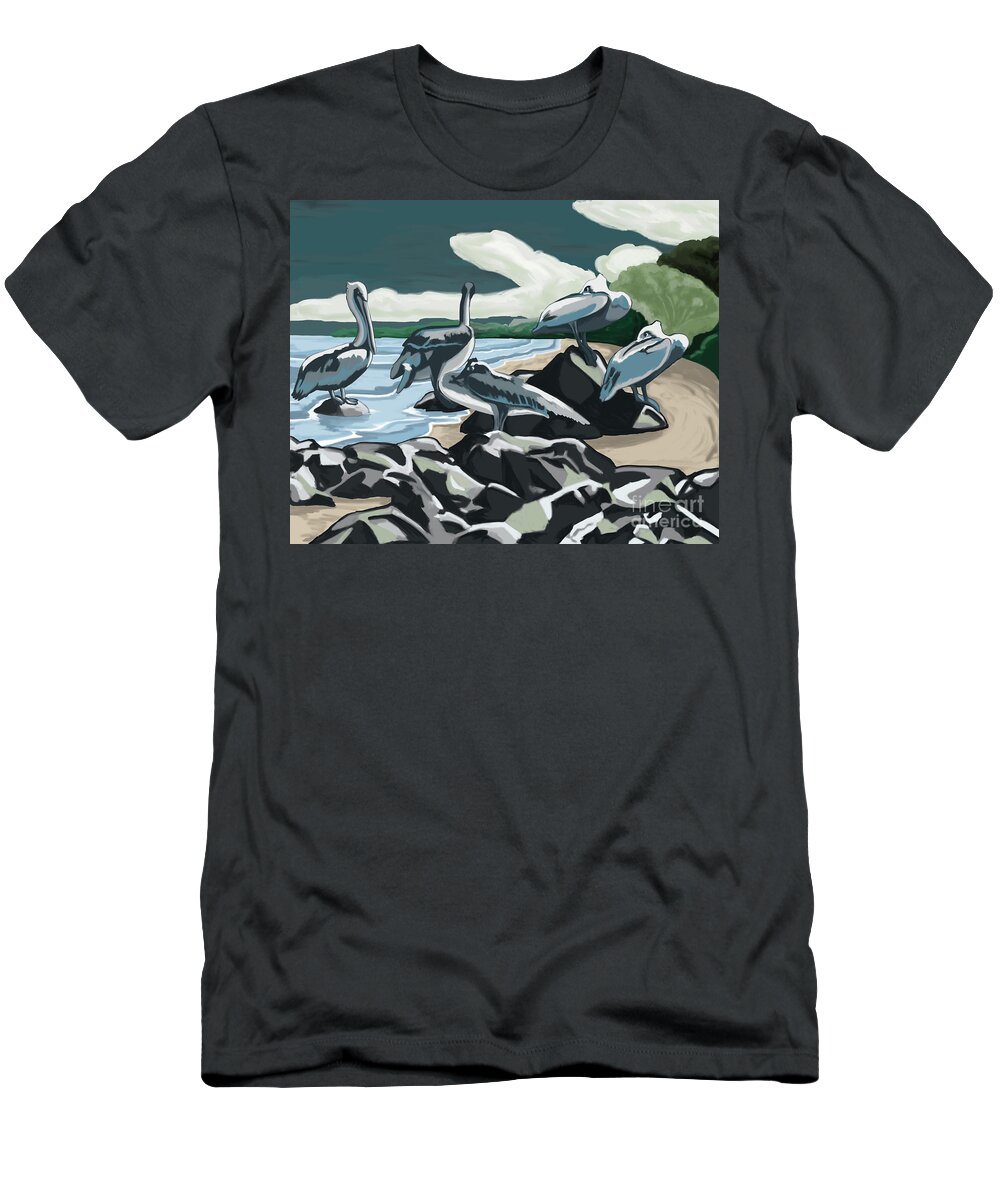 Pelicans T-Shirt featuring the painting Pelicans and Friends at Seashore by Tim Gilliland