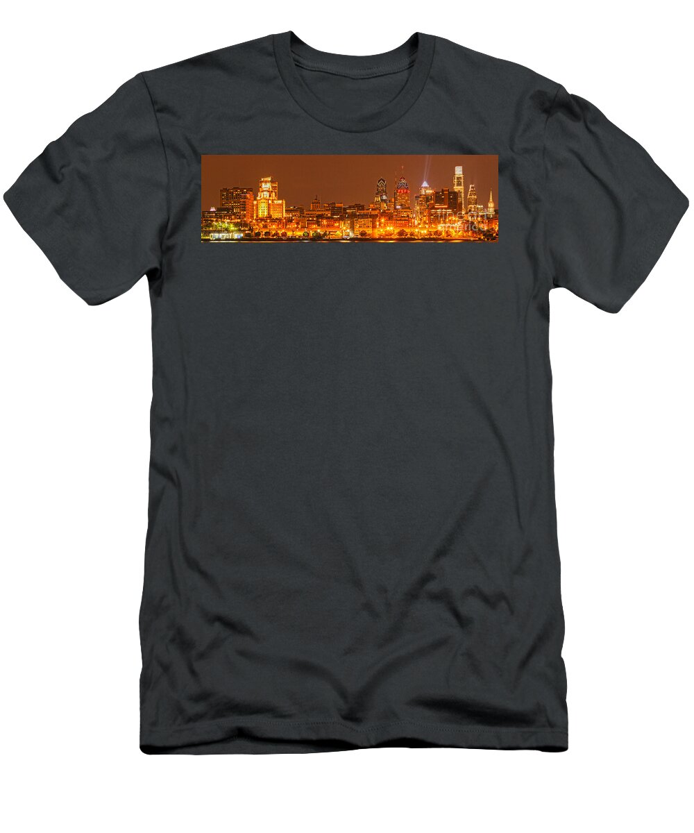 Philadelphia Skyline T-Shirt featuring the photograph Philadelphia Lights Up The Sky by Adam Jewell