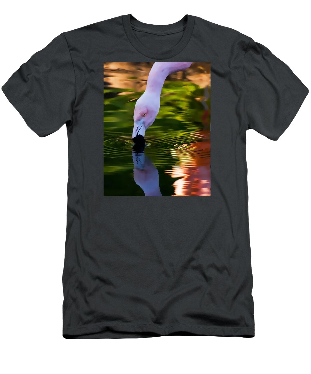 Pink T-Shirt featuring the photograph Pink Flamingo Ripples and Reflection by Ginger Wakem