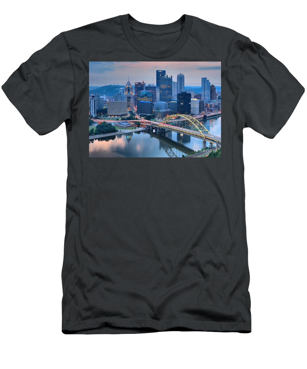 Pittsburgh T-Shirt featuring the photograph Pink Skies And Pittsburgh Skyscrapers by Adam Jewell