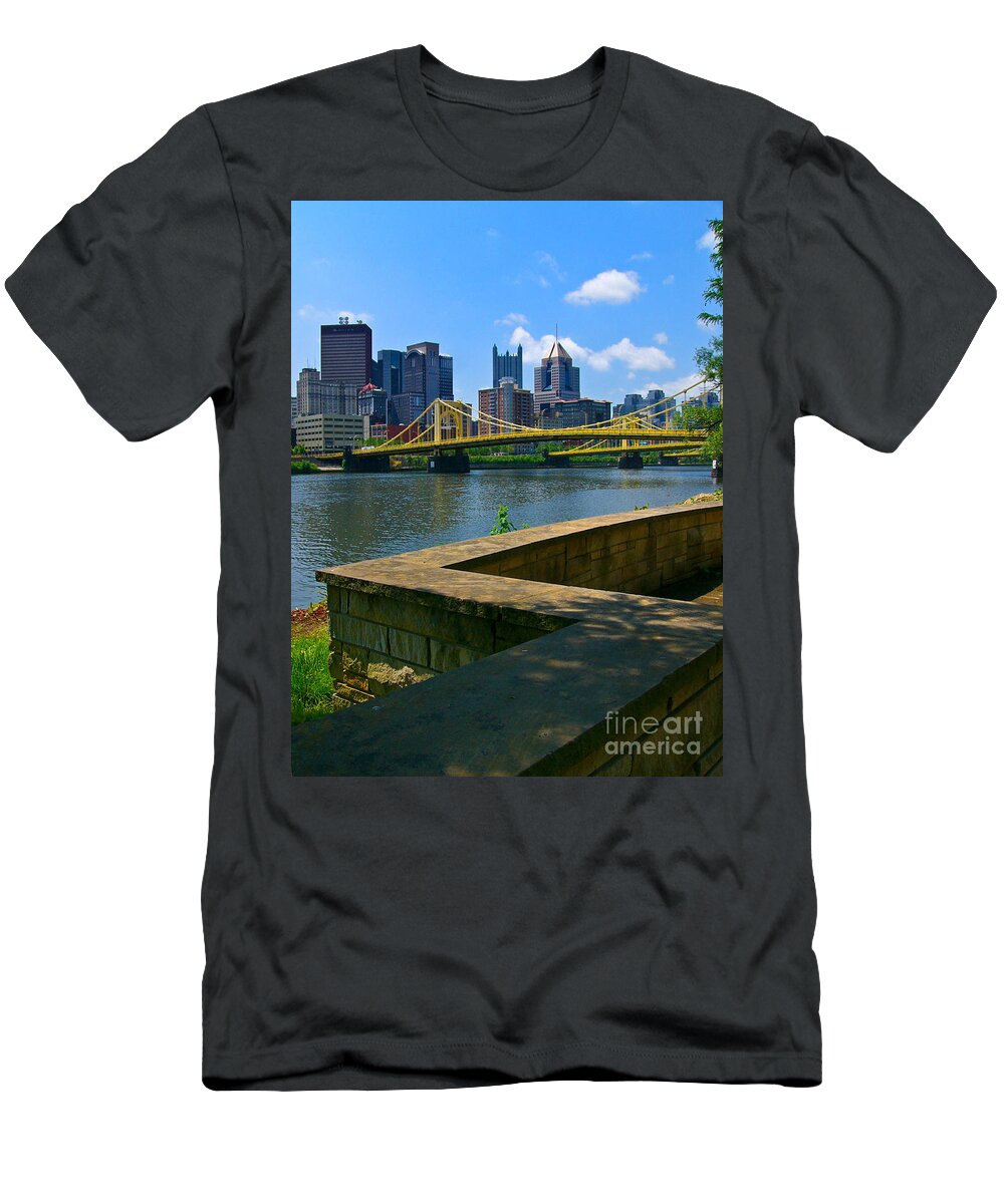 6th Street Bridge T-Shirt featuring the pyrography Pittsburgh Pennsylvania Skyline and Bridges as seen from the North Shore by Amy Cicconi