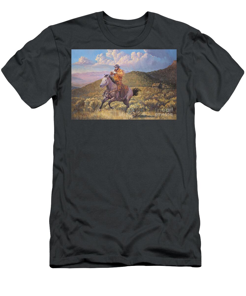 Wall Art T-Shirt featuring the painting Pony Express Rider at Look Out Pass by Robert Corsetti