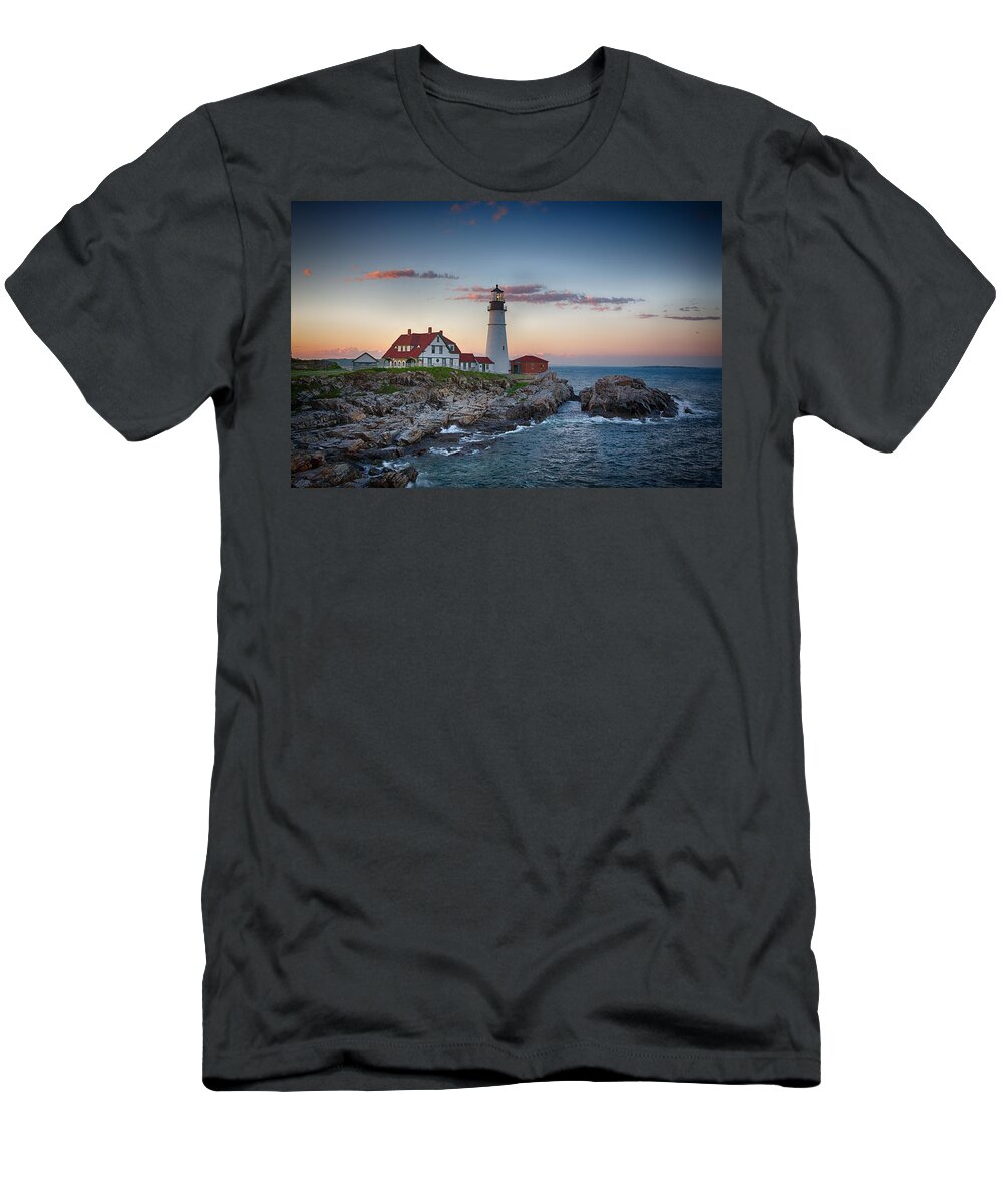 Lighthouse T-Shirt featuring the photograph Portland Headlight Sunset by John Haldane