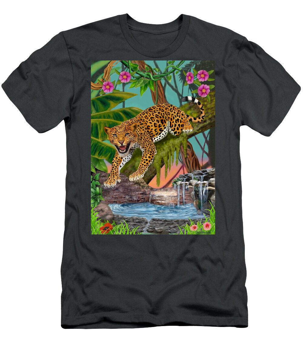 Jungle Landscape T-Shirt featuring the digital art Prowling Leopard by Glenn Holbrook