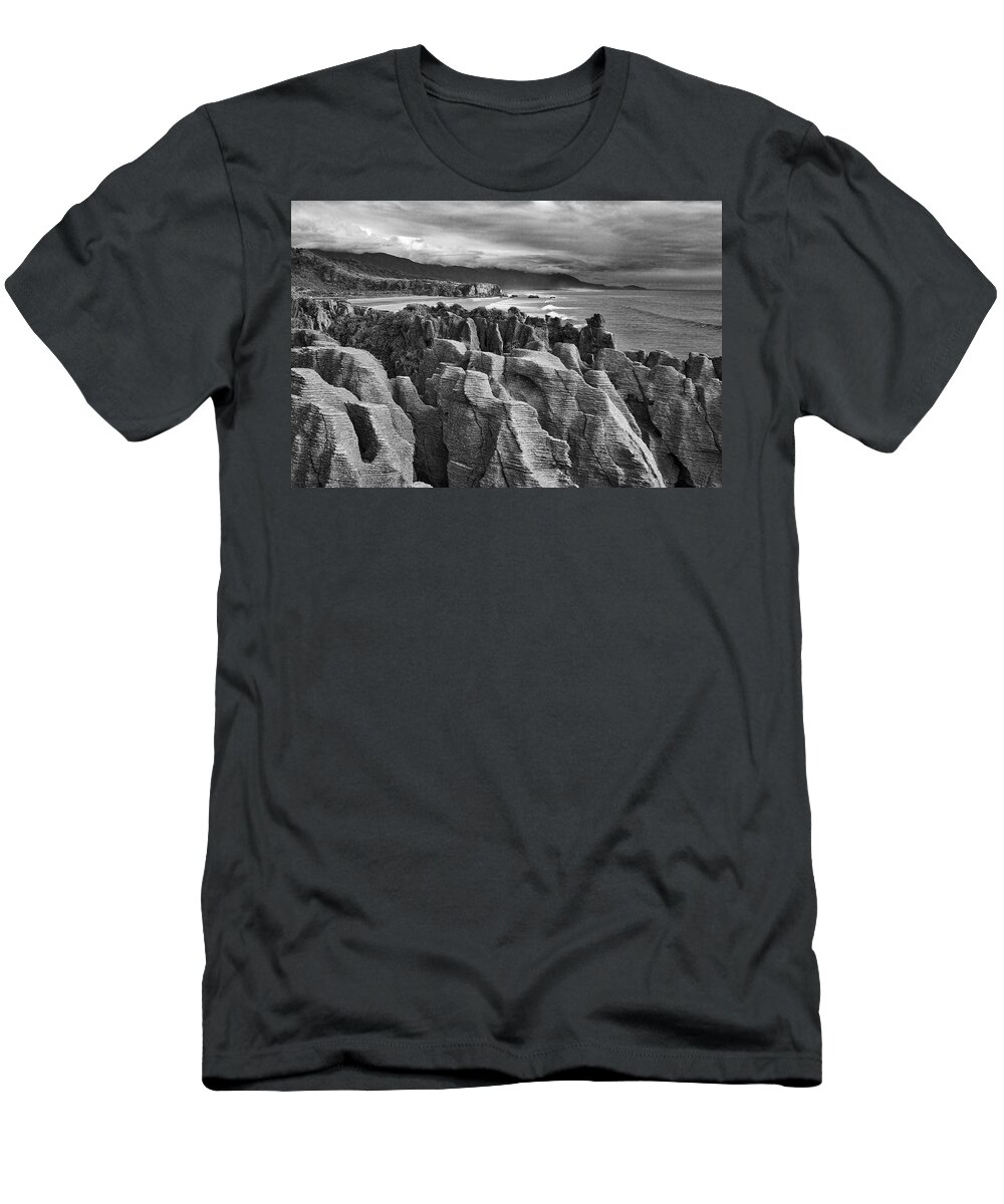 New Zealand T-Shirt featuring the photograph Punakaiki Pancake Rocks - black and white by Stuart Litoff