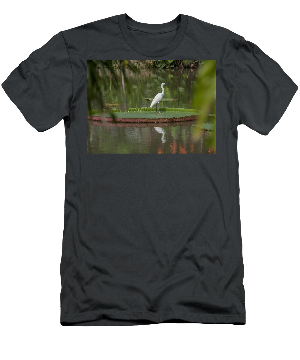 Nature T-Shirt featuring the photograph Queen Victoria Water Lily Pad with Little Egret DTHB1618 by Gerry Gantt