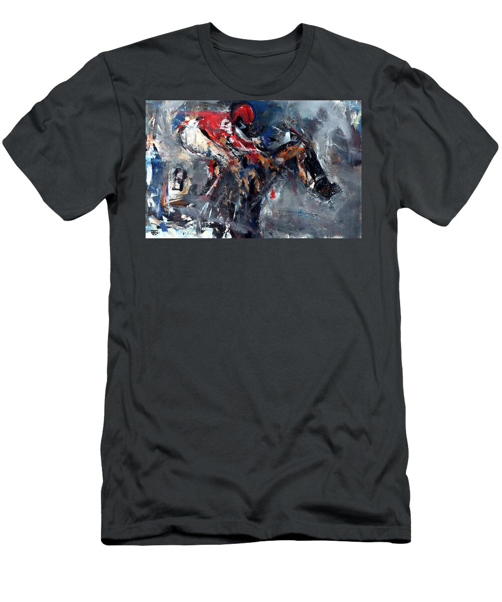 Horse Racing T-Shirt featuring the painting Rain Race by John Gholson