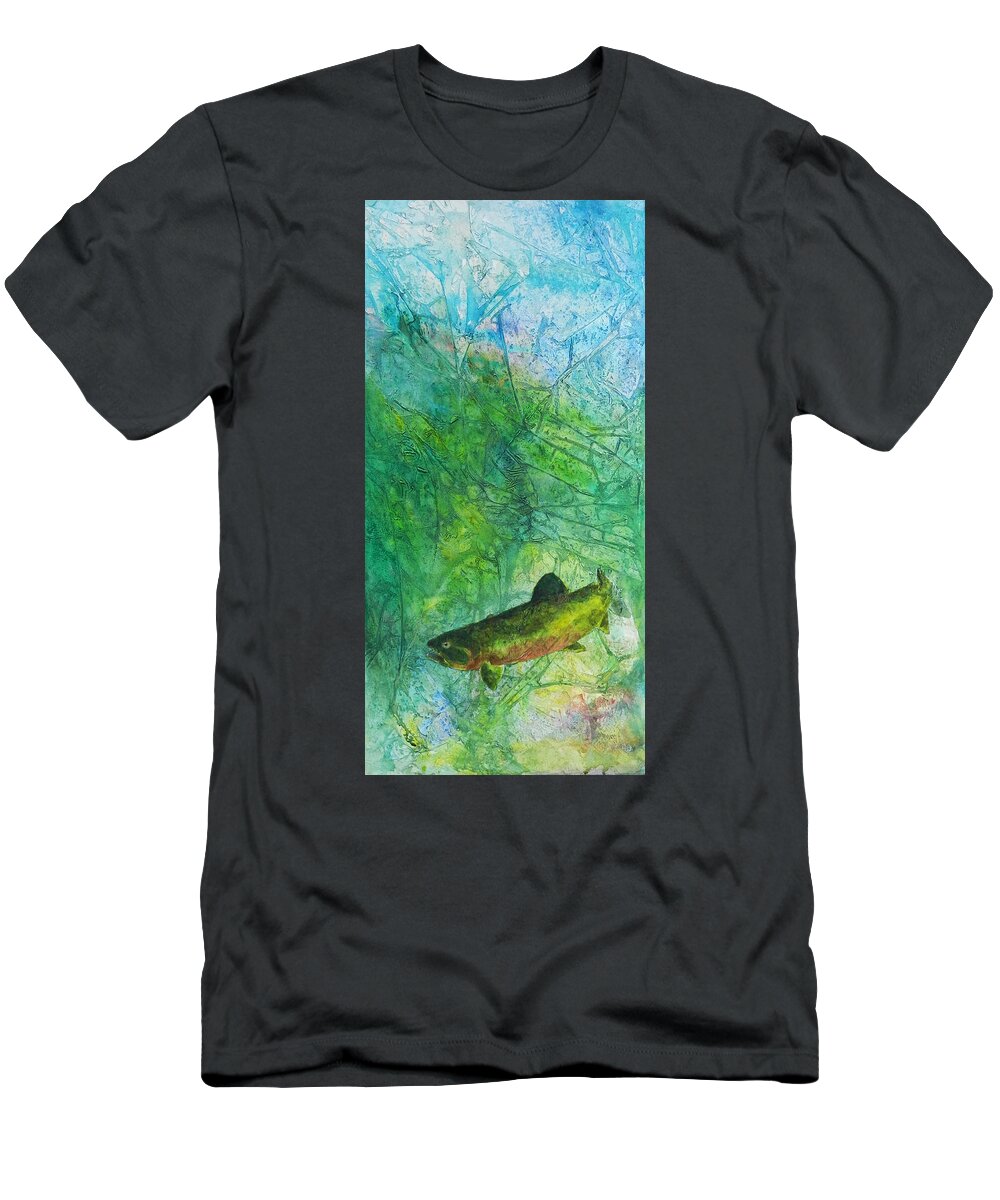 Rainbow Trout T-Shirt featuring the painting Rainbow Environment by David Maynard