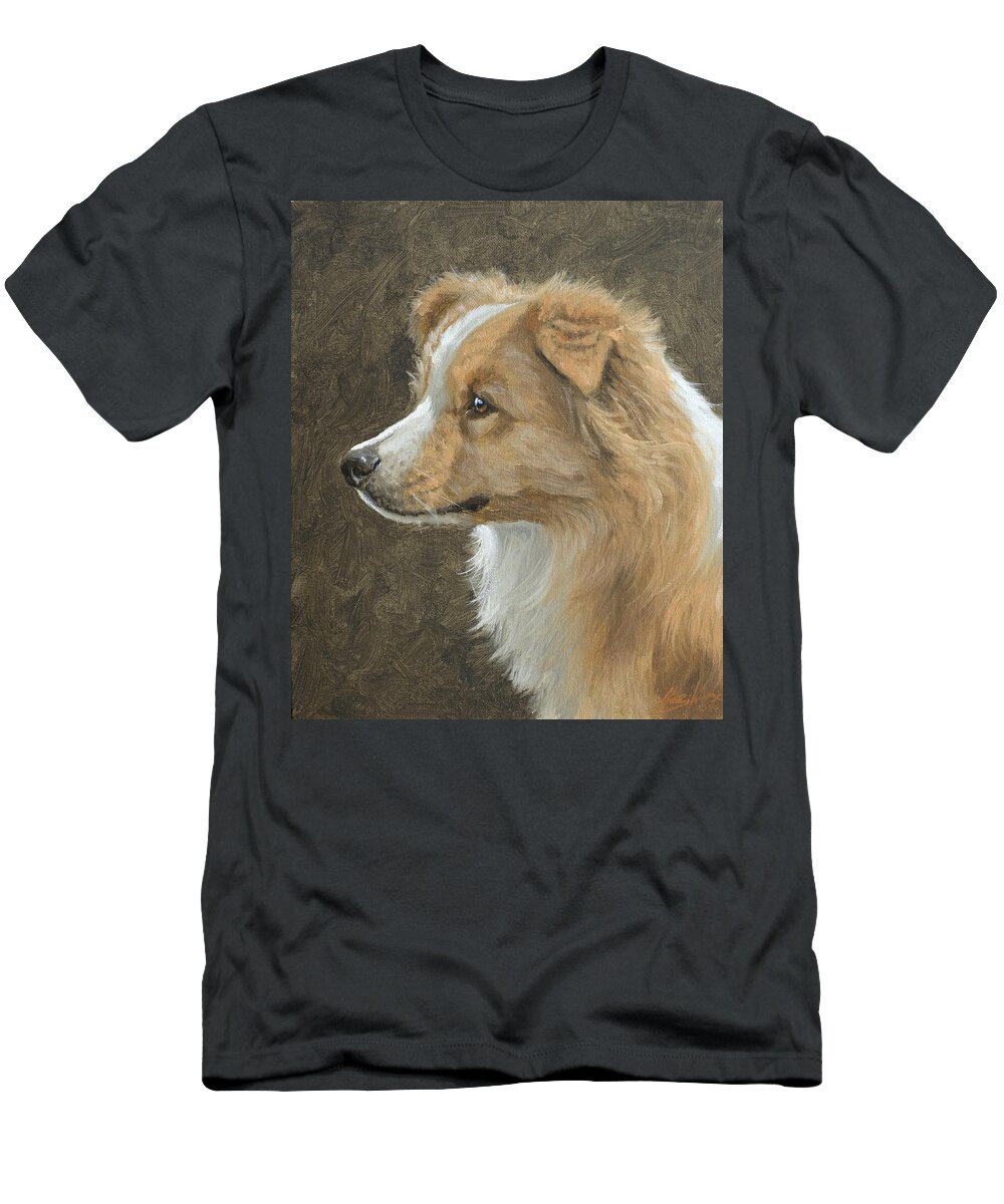 Border Collie T-Shirt featuring the painting Red Border Collie Portrait by John Silver