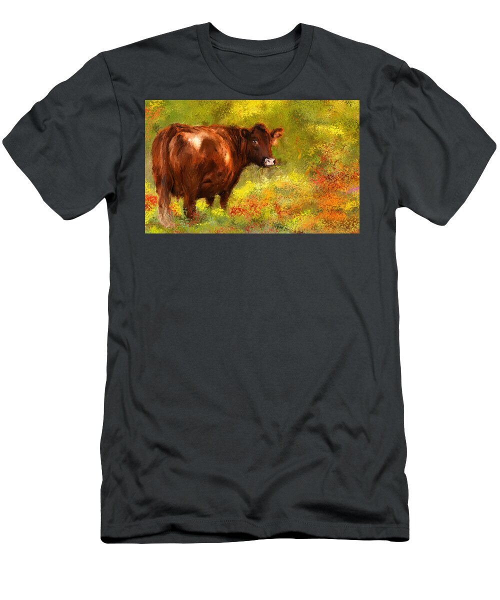 Red Devon Cattle T-Shirt featuring the painting Red Devon Cattle - Red Devon Cattle in a Farm Scene- Cow Art by Lourry Legarde