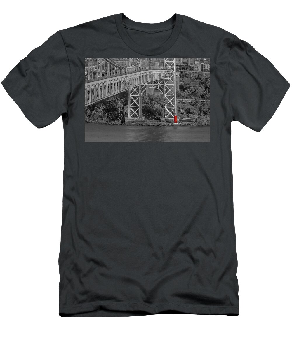 Autumn T-Shirt featuring the photograph Red Lighthouse And Great Gray Bridge BW by Susan Candelario