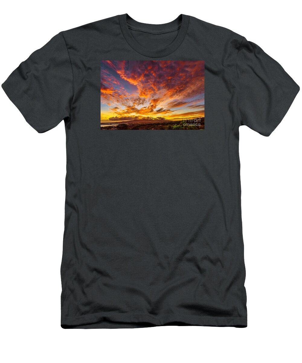 Waianae Mountain Range T-Shirt featuring the photograph Red Sunset Behind the Waianae Mountain Range by Aloha Art