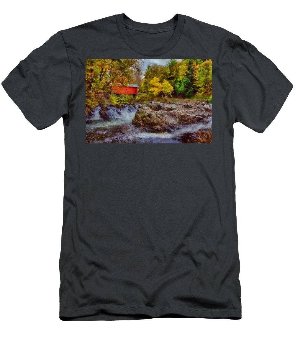 Autumn Foliage T-Shirt featuring the photograph River runs under Slaughter House covered bridge by Jeff Folger