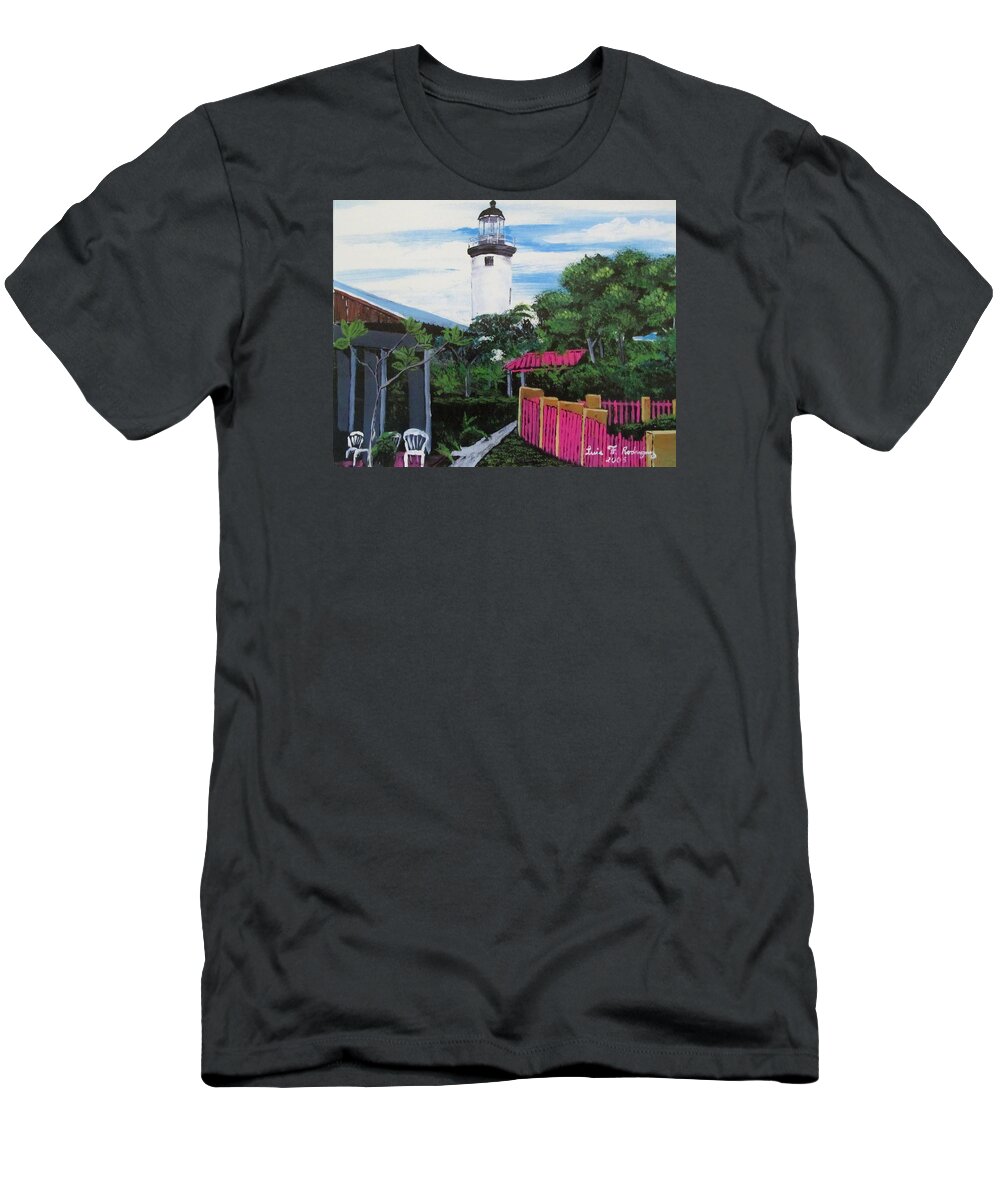 Rincon T-Shirt featuring the painting Rincon Lighthouse by Luis F Rodriguez