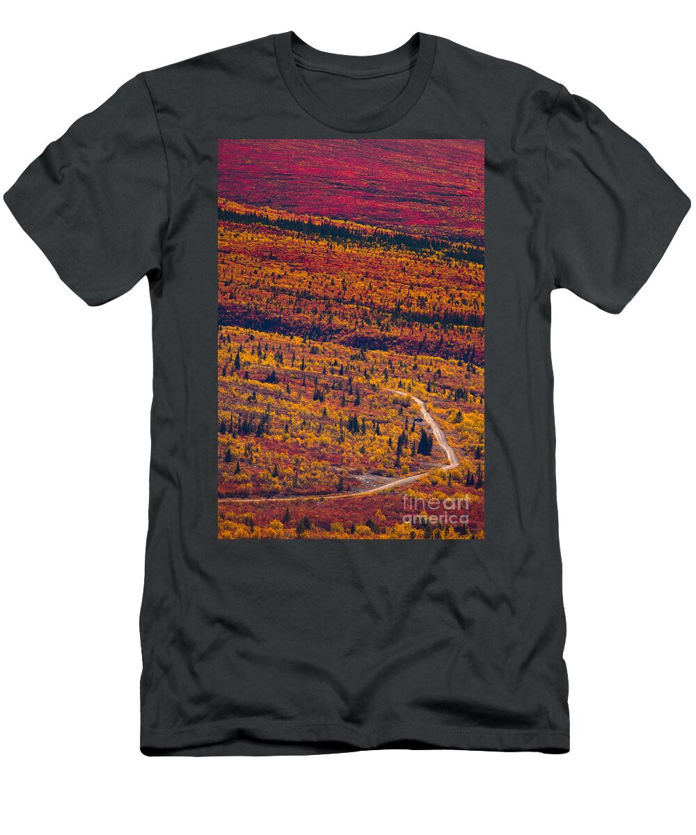 Adventure T-Shirt featuring the photograph Road through fall colored tundra by Stephan Pietzko