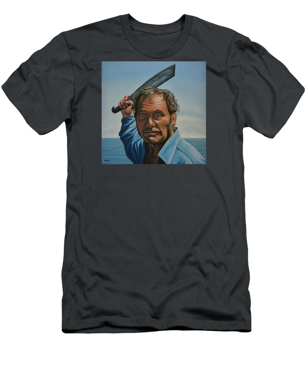 Robert Shaw T-Shirt featuring the painting Robert Shaw in Jaws by Paul Meijering