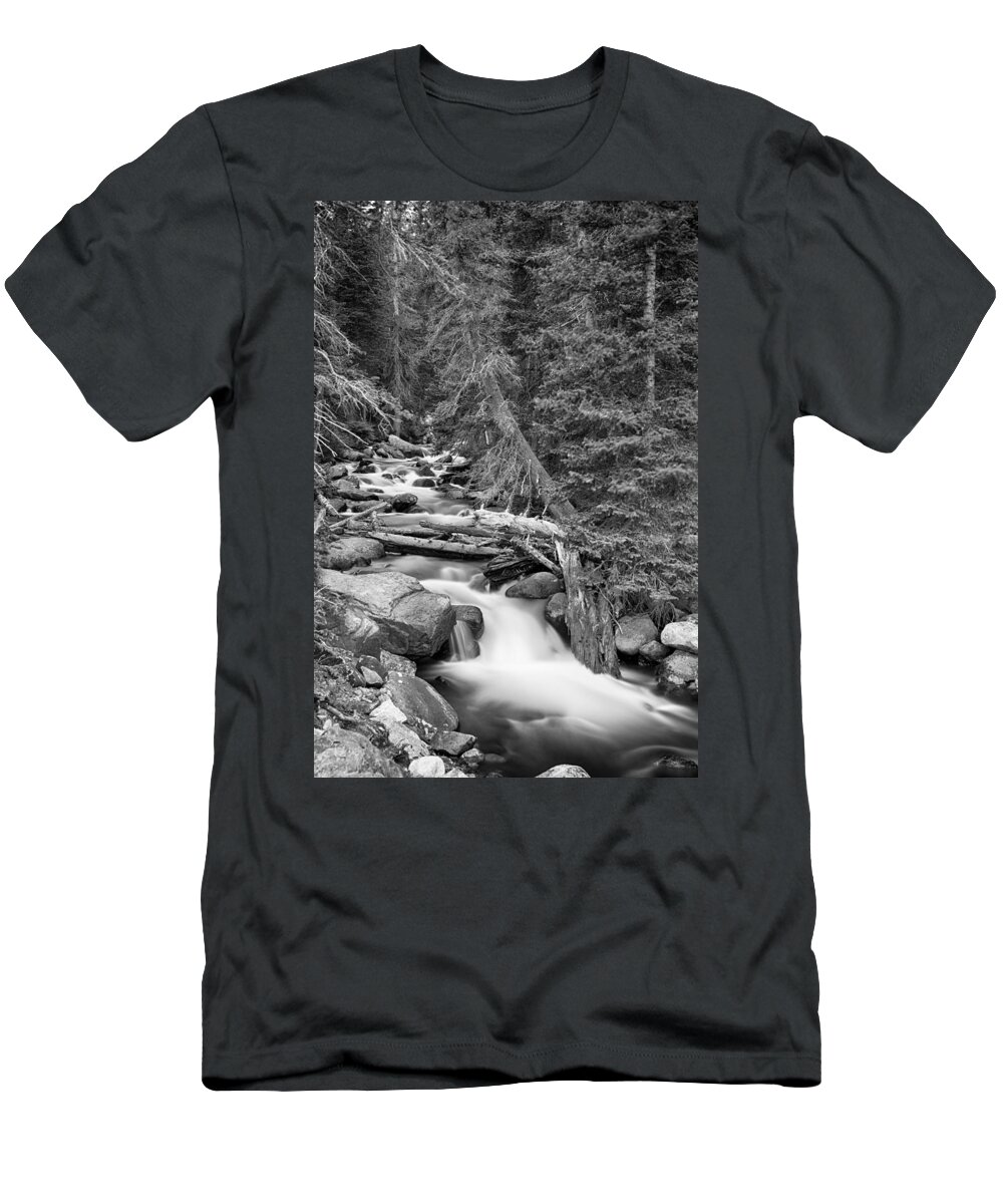 Mountain Stream T-Shirt featuring the photograph Rocky Mountain Stream in Black and White by James BO Insogna