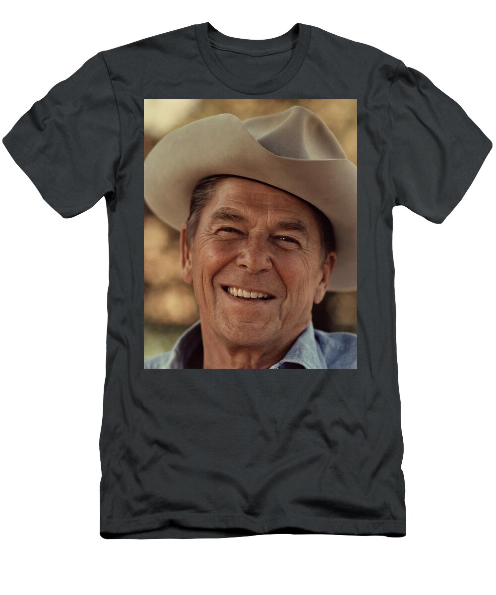 Regan T-Shirt featuring the photograph Ronald Reagan in 1976 at his home at Rancho del Cielo by Movie Poster Prints