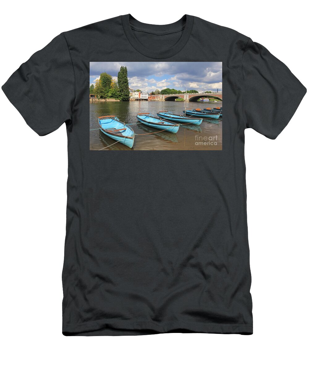 Boats At Hampton Court River Thames London T-Shirt featuring the photograph Rowing Boats at Hampton Court by Julia Gavin