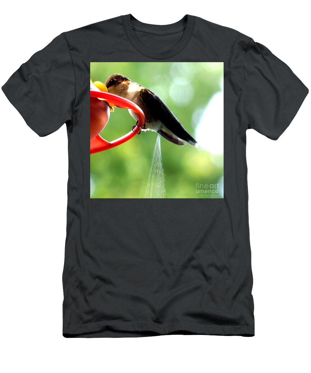 Ruby Throated Hummingbirds T-Shirt featuring the photograph Ruby-Throated Hummingbird pooping by Rose Santuci-Sofranko