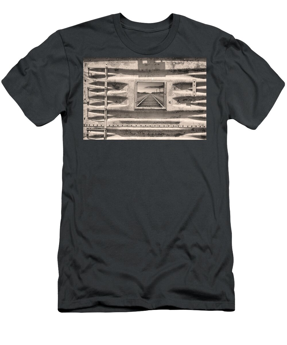 Trains T-Shirt featuring the photograph Running Down The Line Sepia by James BO Insogna