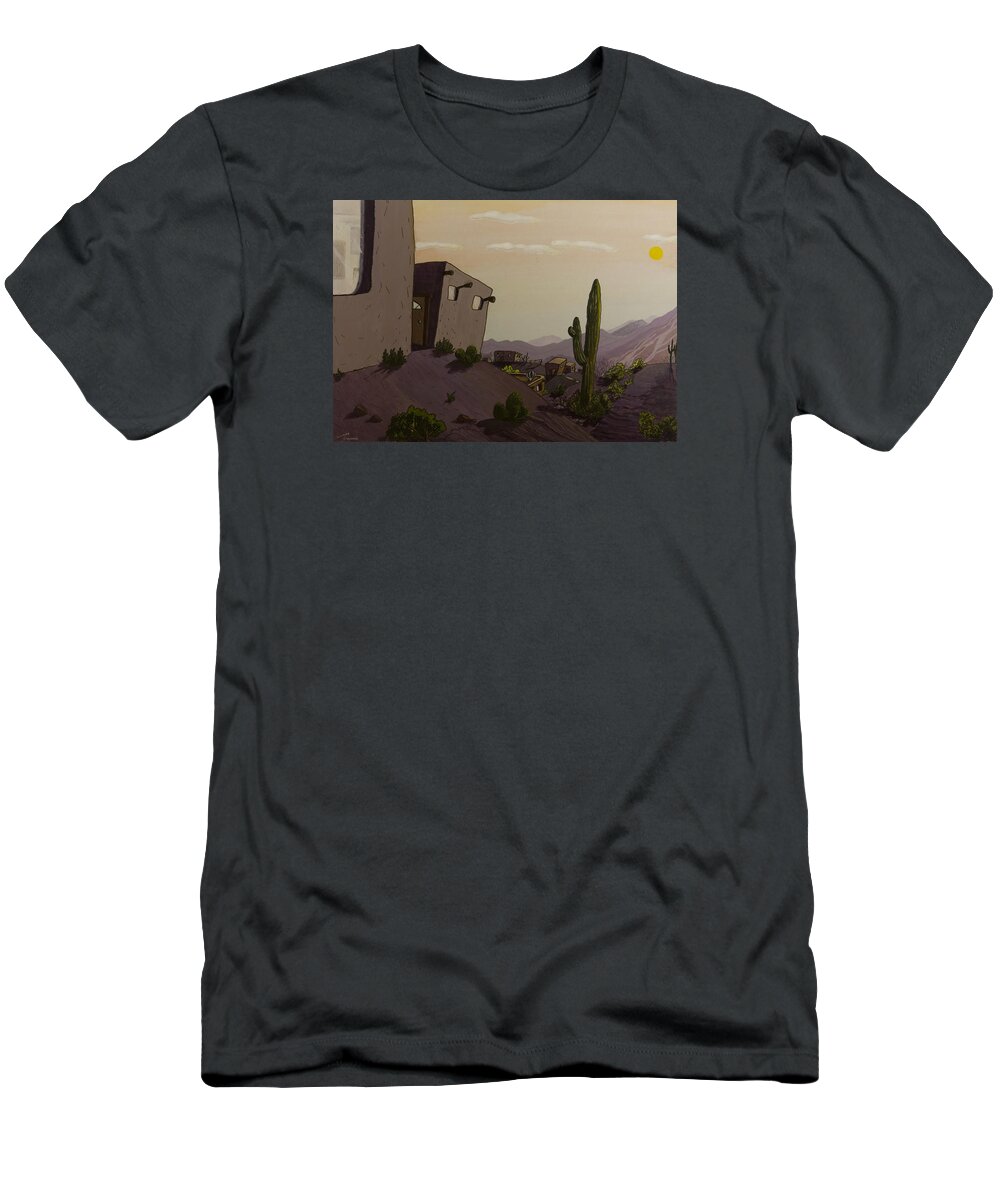 Animation Background Cartoon Landscape Desert Cactus Arizona Pueblo T-Shirt featuring the painting Saguaro Sunset by Brenda Salamone