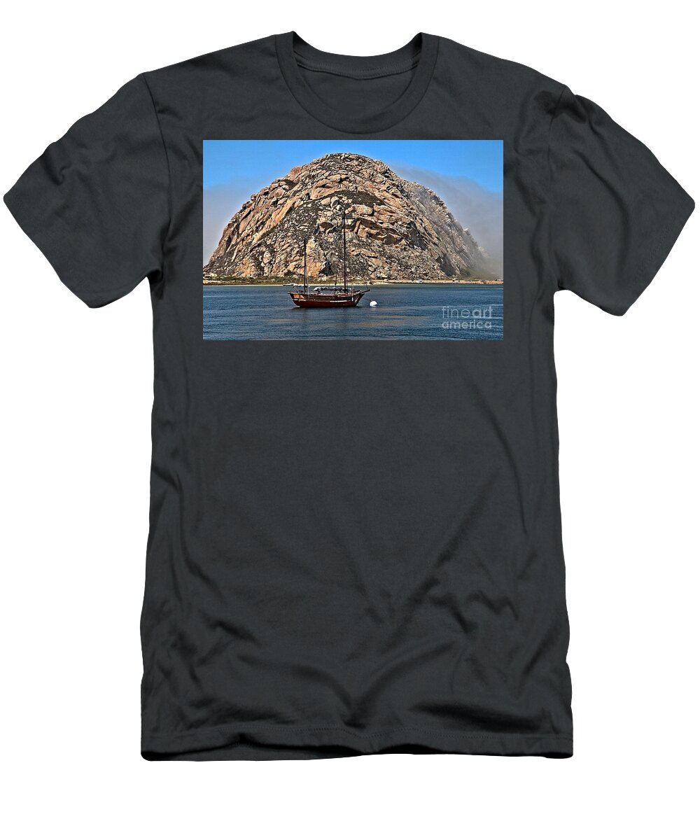 Morro Rock T-Shirt featuring the photograph Sailing By The Towering Rock by Adam Jewell