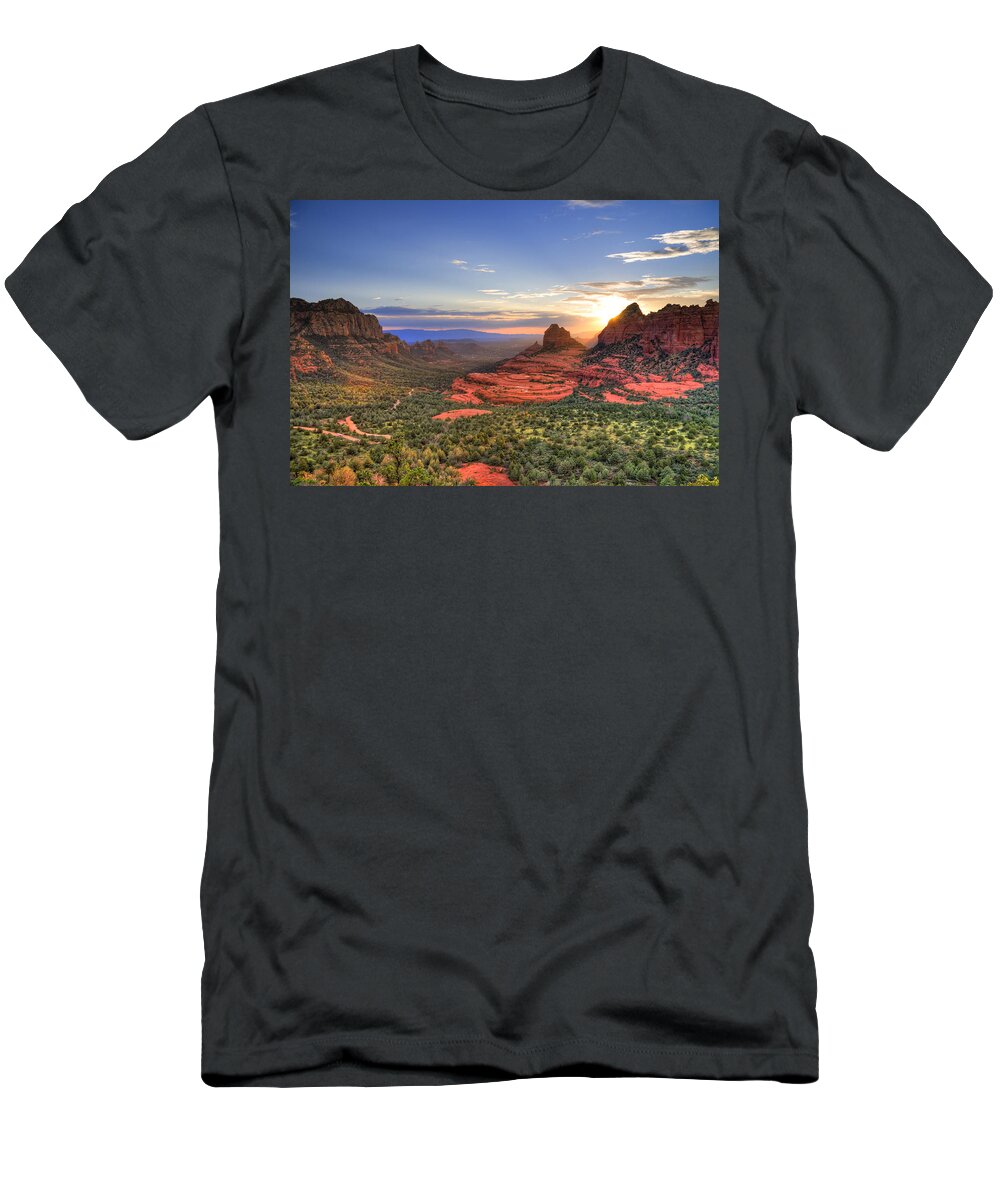 Red Rocks T-Shirt featuring the photograph Schnebly Hill Sunset by Alexey Stiop