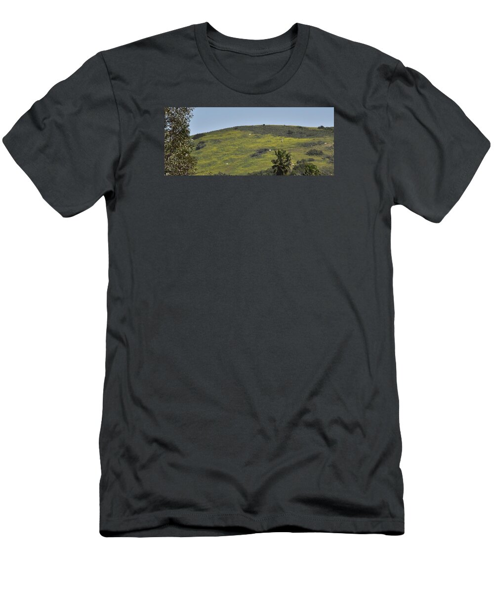 Linda Brody T-Shirt featuring the photograph Sea Gulls Flying Over Canyon of Yellow Mustard Flowers by Linda Brody