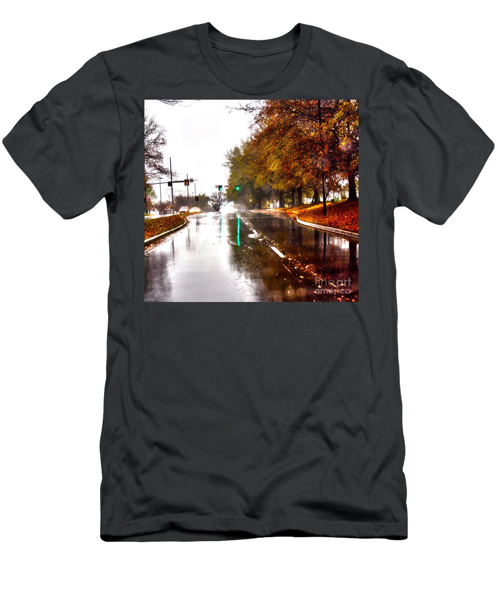 Rain T-Shirt featuring the photograph Slick Streets Rainy View by Lesa Fine