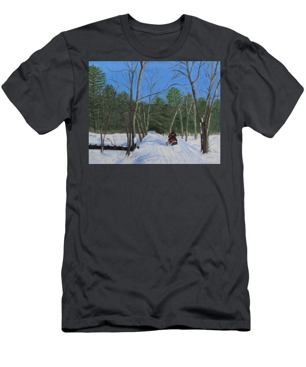 Landscape T-Shirt featuring the painting Snowmobile on Trail by Linda Feinberg
