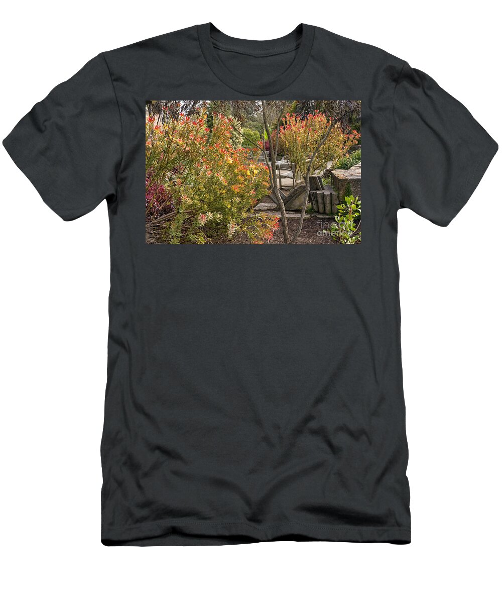 Bench T-Shirt featuring the photograph Solitude Series Garden Flowers by Kate Brown