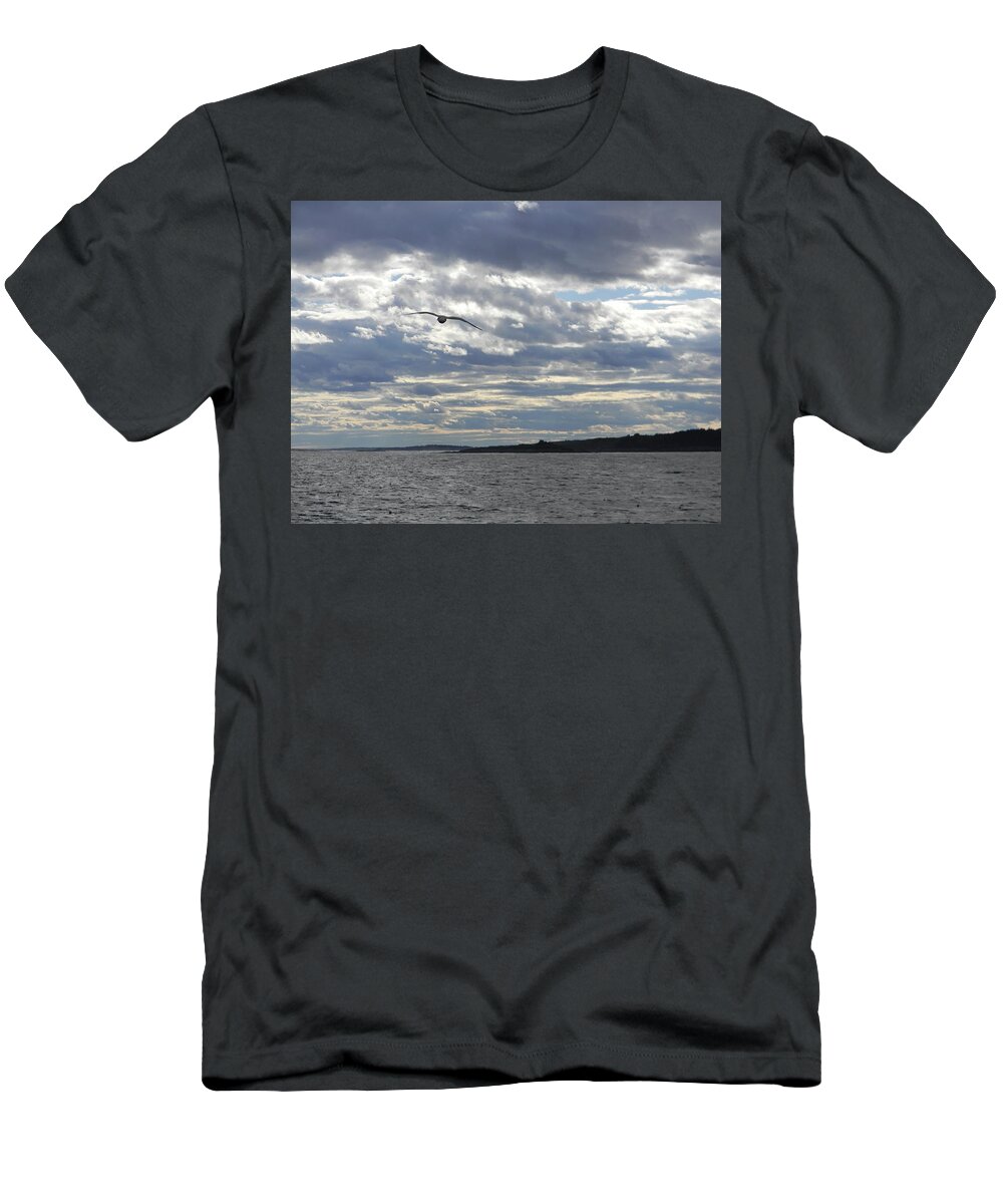 Seascape T-Shirt featuring the photograph Solo Flight by Jean Goodwin Brooks