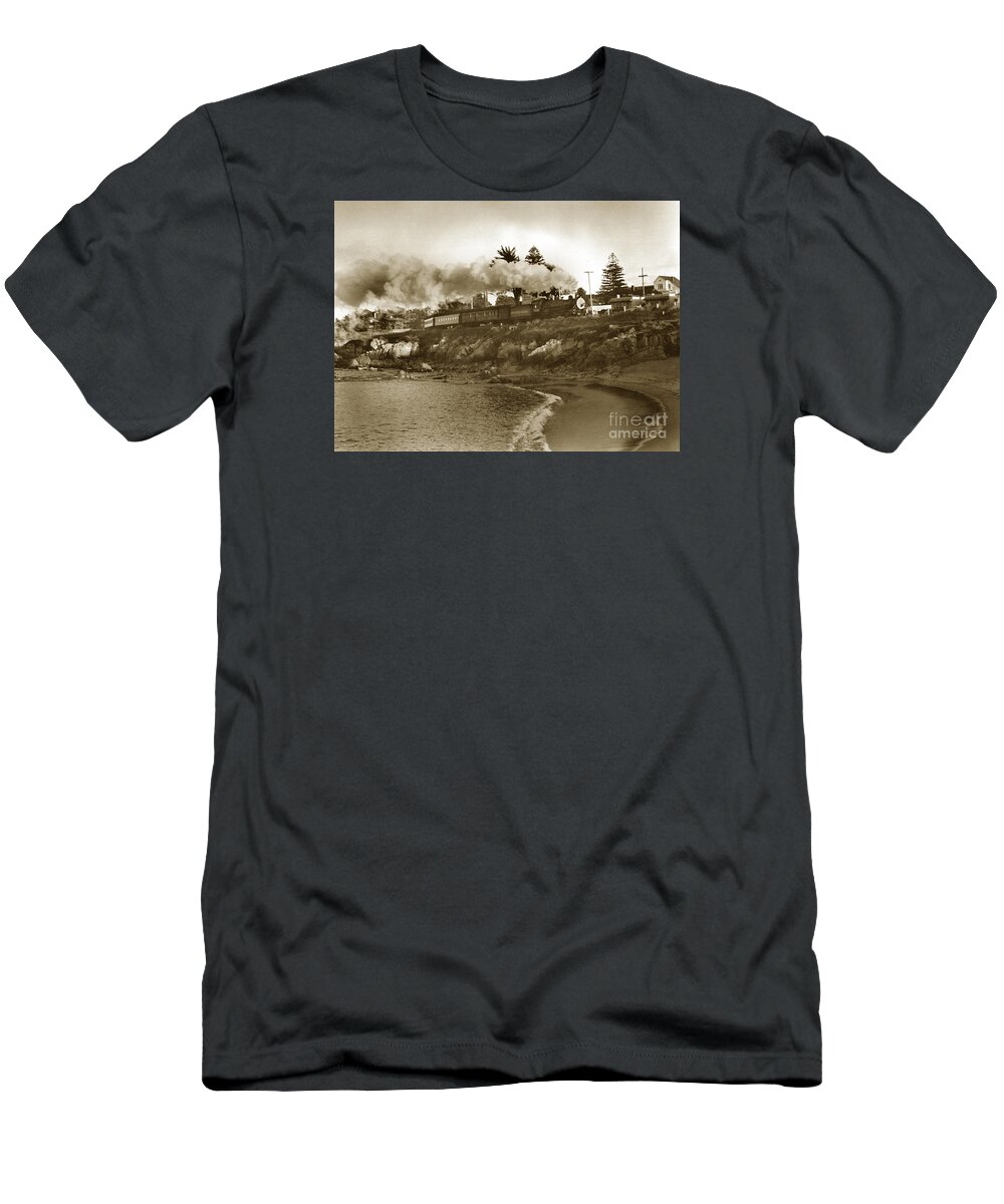 Southern Pacific T-Shirt featuring the photograph Southern Pacific Del Monte Passenger train Pacific Grove circa 1954 by Monterey County Historical Society