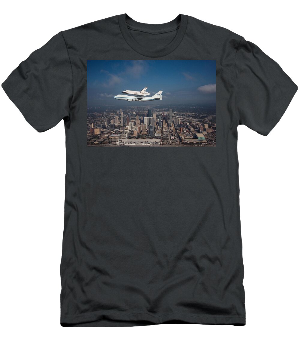 Space Shuttle T-Shirt featuring the photograph Space Shuttle Endeavour Over Houston Texas by Movie Poster Prints