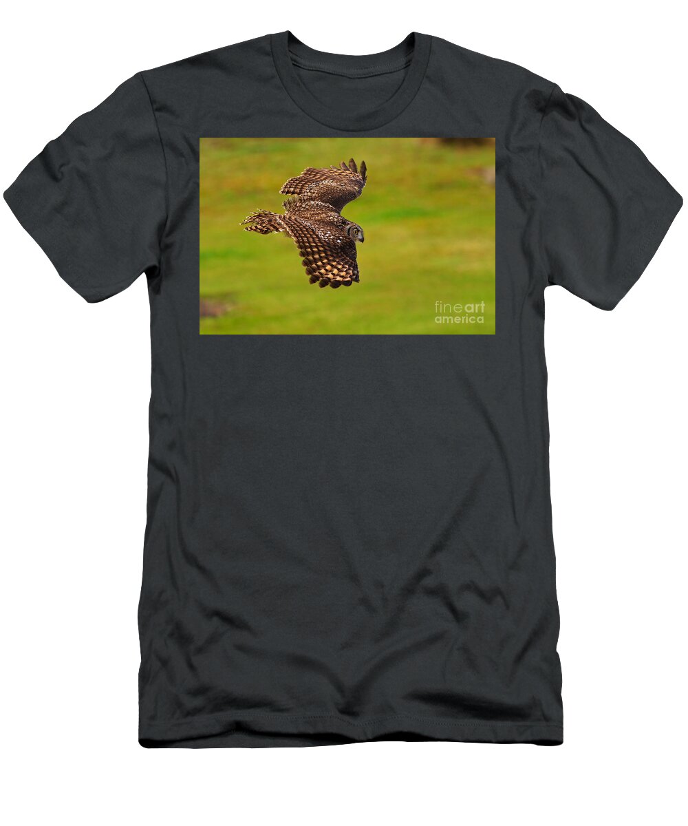 Bubo T-Shirt featuring the photograph Spotted Eagle Owl in flight by Nick Biemans