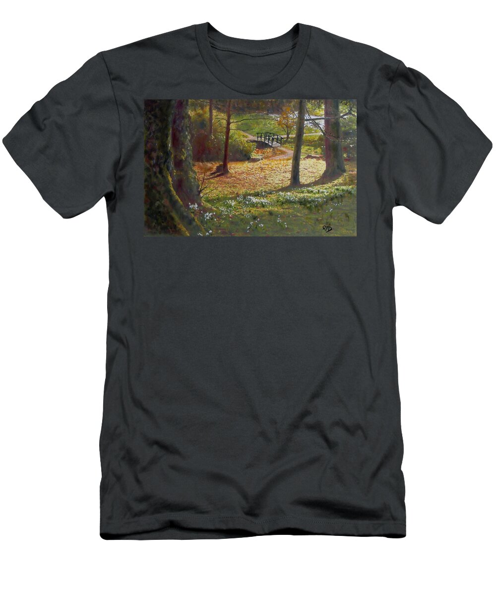 Spring T-Shirt featuring the painting Spring Glow at Kailzie Gardens Peebles by Richard James Digance