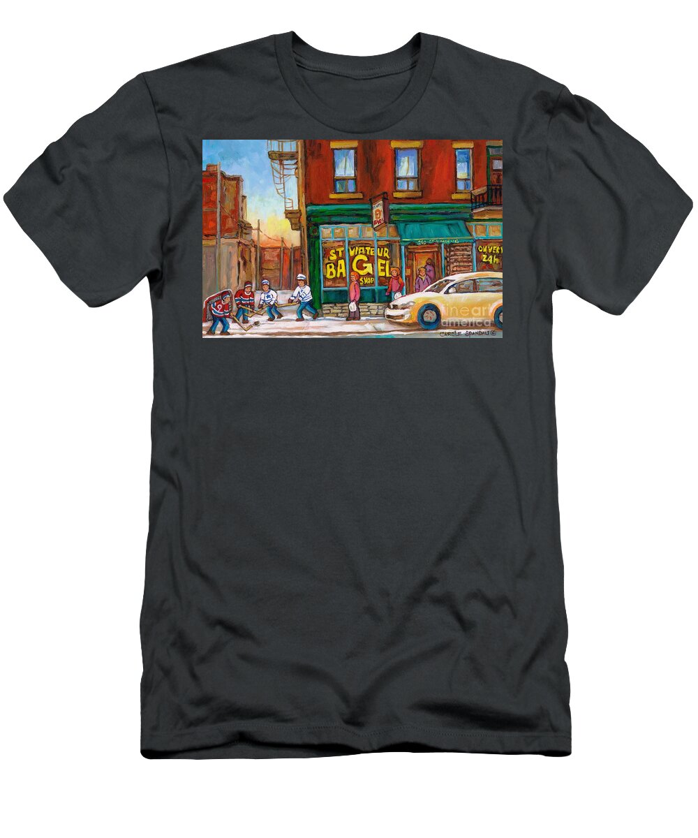St.viateur Bagel T-Shirt featuring the painting St. Viateur Bagel-boys Playing Street Hockey In Laneway-montreal Street Scene Painting by Carole Spandau