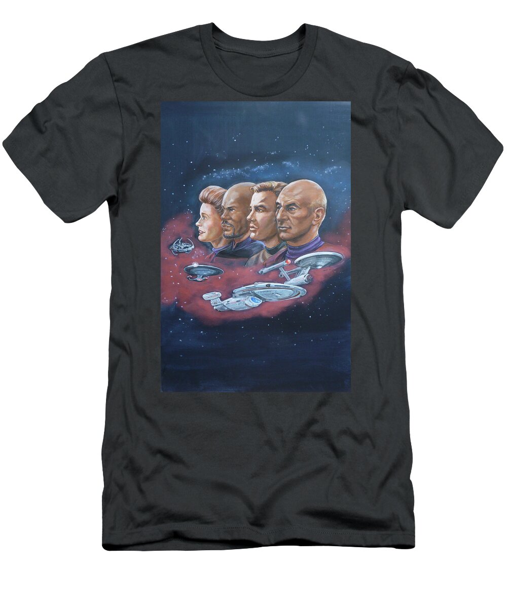 Star Trek T-Shirt featuring the painting Star Trek tribute Captains by Bryan Bustard